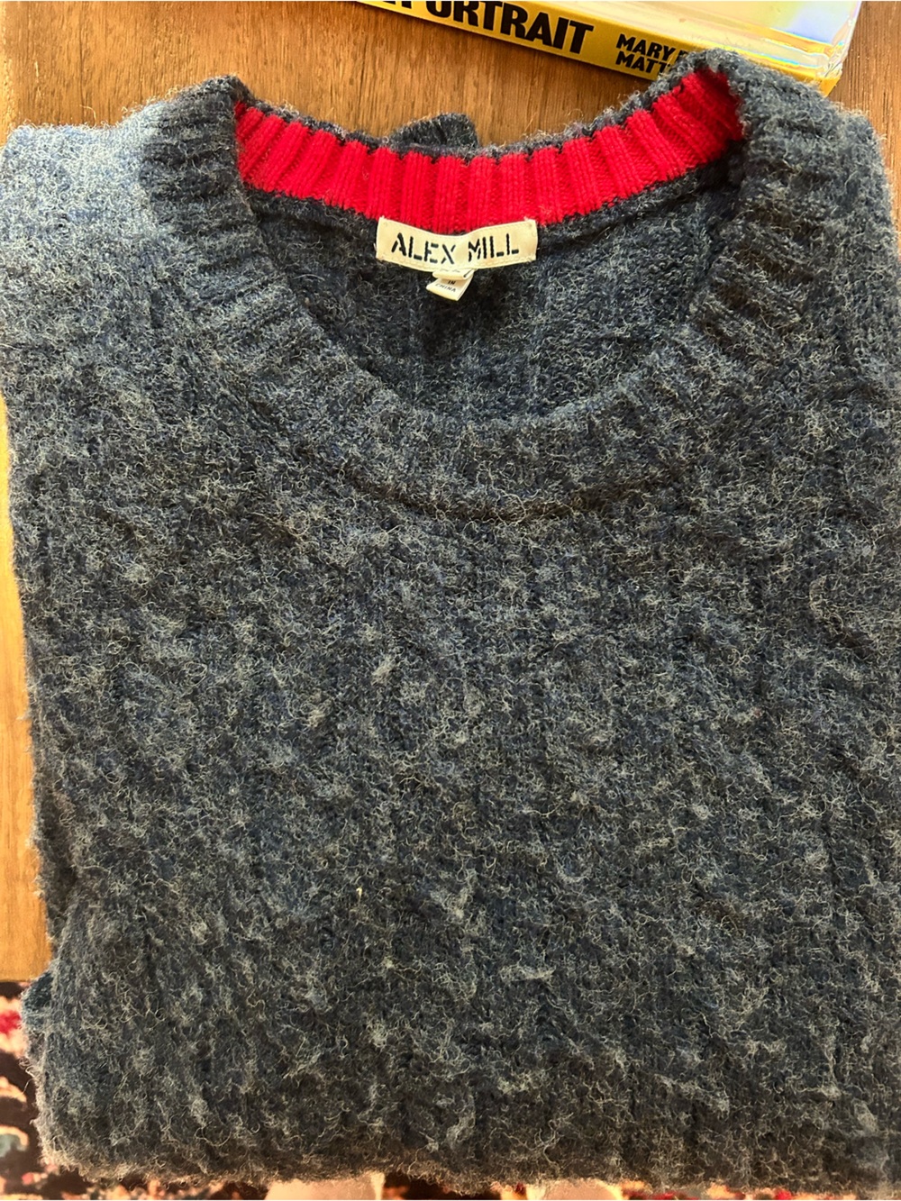 Alex Mill Men's Charcoal Crewneck Sweater with Red Trim